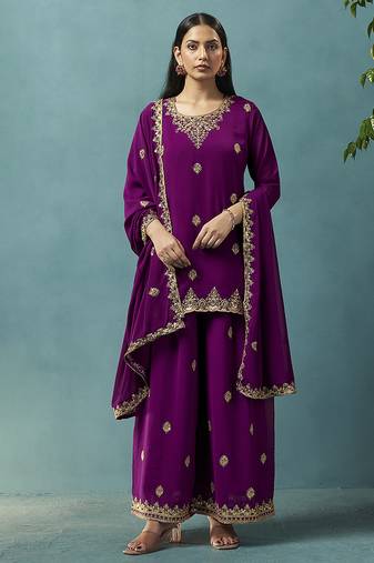 Wine embroidered georgette palazzo