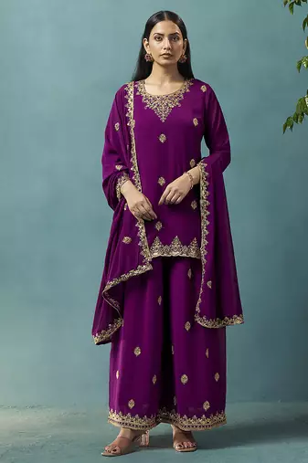Wine embroidered georgette palazzo