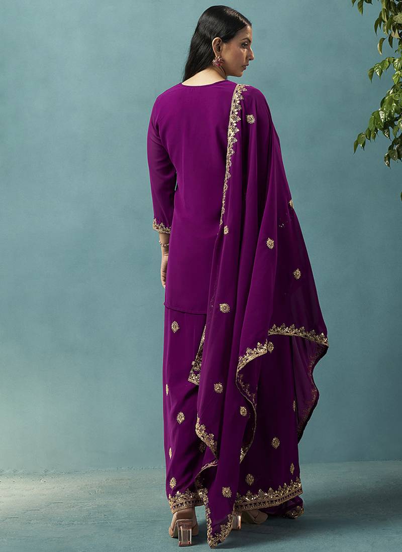 Wine embroidered georgette palazzo