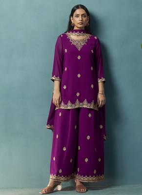 Wine embroidered georgette palazzo 3