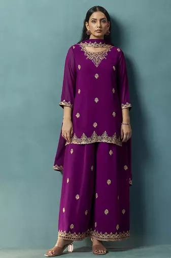 Wine embroidered georgette palazzo
