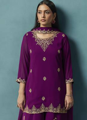 Wine embroidered georgette palazzo 4