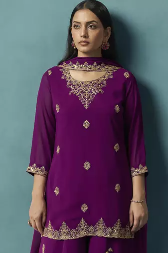 Wine embroidered georgette palazzo