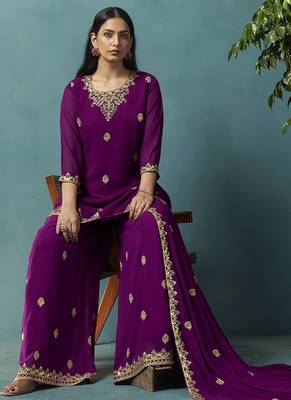 Wine embroidered georgette palazzo 5
