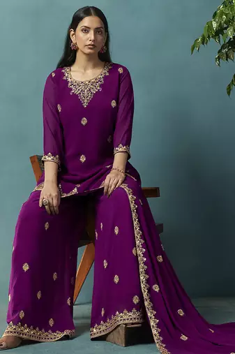 Wine embroidered georgette palazzo