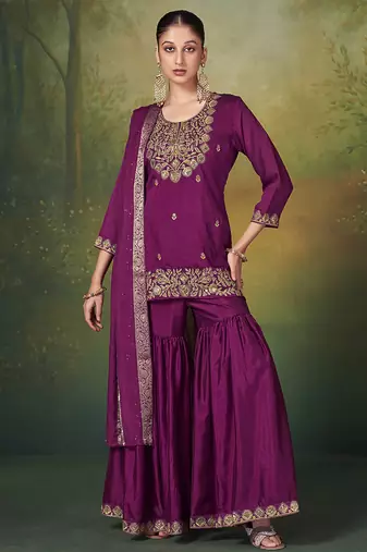 Wine embroidered vichitra silk sharara
