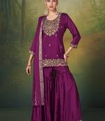 Wine embroidered vichitra silk sharara