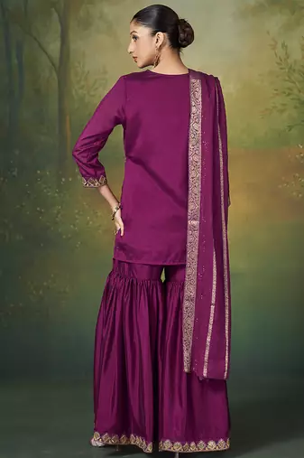 Wine embroidered vichitra silk sharara