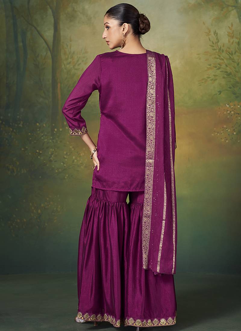 Wine embroidered vichitra silk sharara