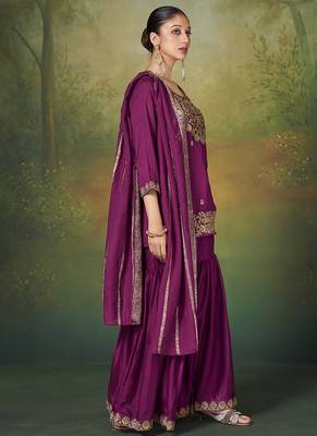 Wine embroidered vichitra silk sharara 3