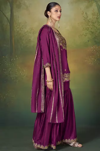 Wine embroidered vichitra silk sharara