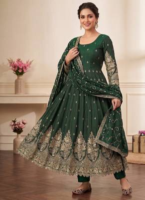 Green colour embroidered georgette anarkali suit set with dupatta & pant 2