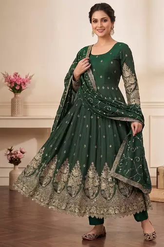 Green colour embroidered georgette anarkali suit set with dupatta & pant