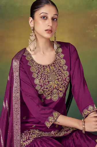 Wine embroidered vichitra silk sharara