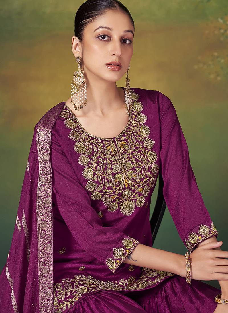 Wine embroidered vichitra silk sharara