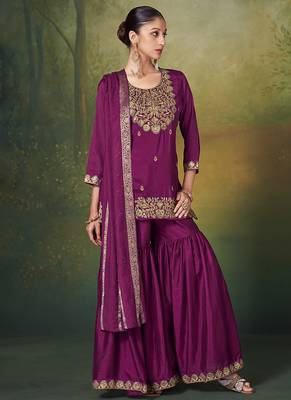 Wine embroidered vichitra silk sharara 5