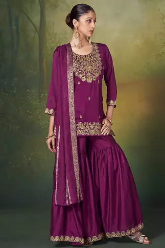 Wine embroidered vichitra silk sharara