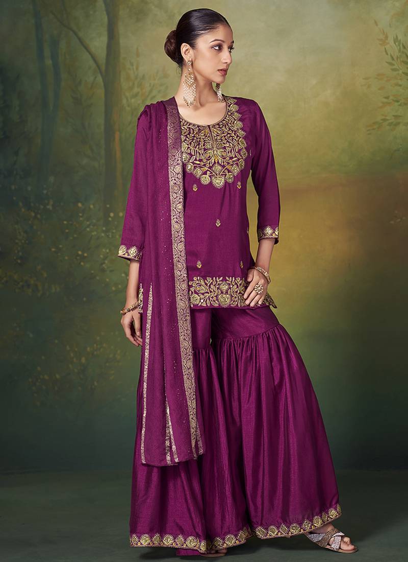 Wine embroidered vichitra silk sharara
