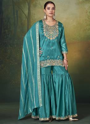 Teal blue embroidered vichitra silk sharara 1