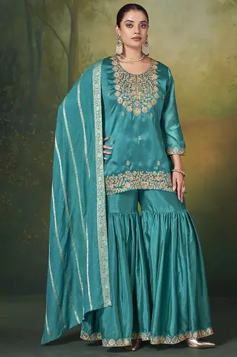 Teal blue embroidered vichitra silk sharara