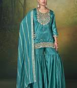 Teal blue embroidered vichitra silk sharara