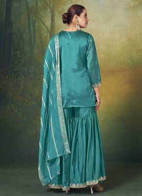 Teal blue embroidered vichitra silk sharara 2