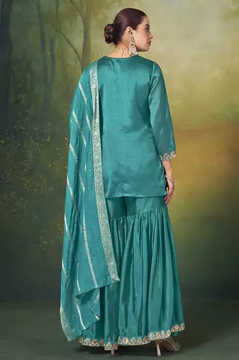 Teal blue embroidered vichitra silk sharara