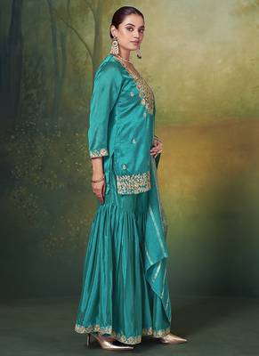 Teal blue embroidered vichitra silk sharara 3