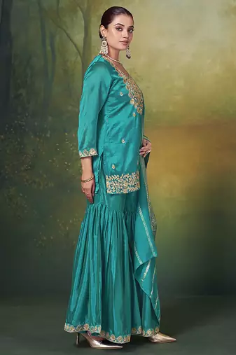 Teal blue embroidered vichitra silk sharara