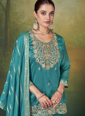Teal blue embroidered vichitra silk sharara 4