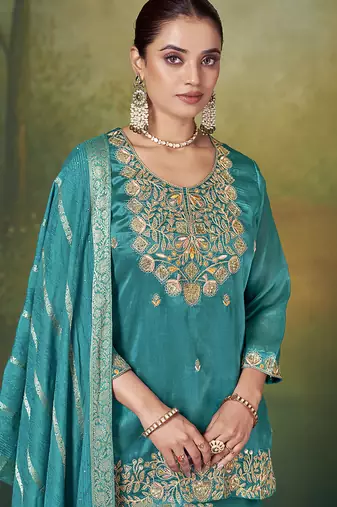 Teal blue embroidered vichitra silk sharara