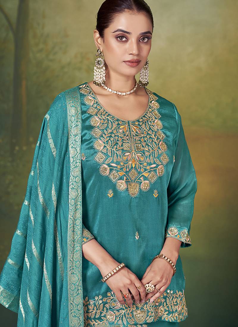 Teal blue embroidered vichitra silk sharara