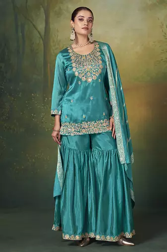 Teal blue embroidered vichitra silk sharara