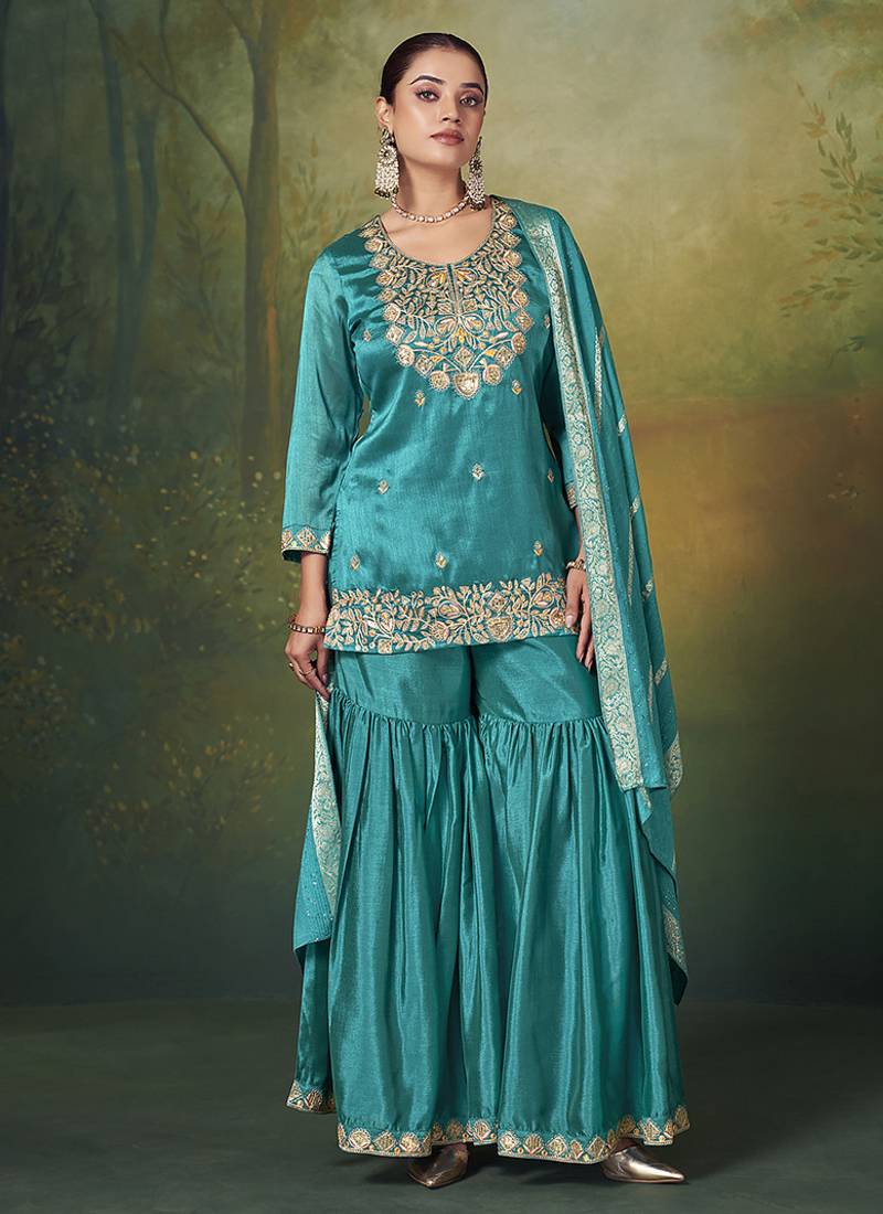 Teal blue embroidered vichitra silk sharara