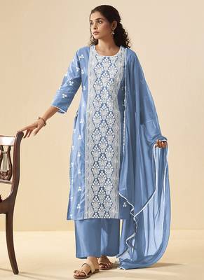 Sky blue embroidered vichitra silk straight 1