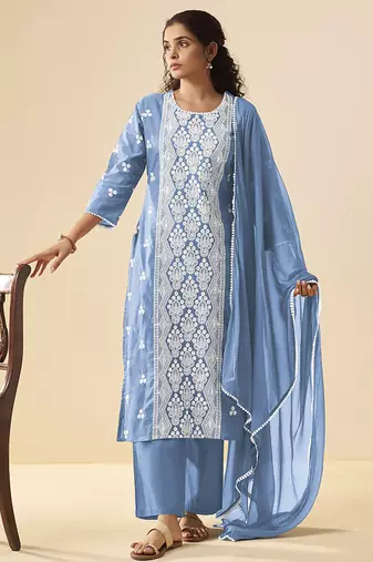 Sky blue embroidered vichitra silk straight
