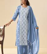 Sky blue embroidered vichitra silk straight