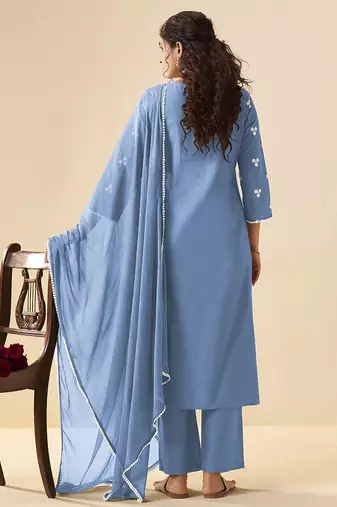 Sky blue embroidered vichitra silk straight