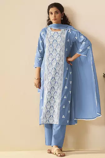 Sky blue embroidered vichitra silk straight