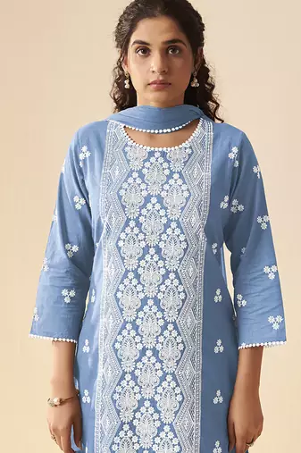 Sky blue embroidered vichitra silk straight