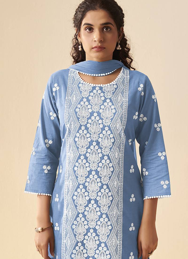 Sky blue embroidered vichitra silk straight