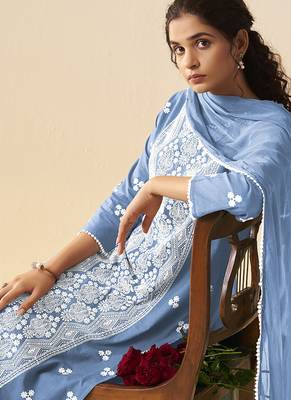 Sky blue embroidered vichitra silk straight 5