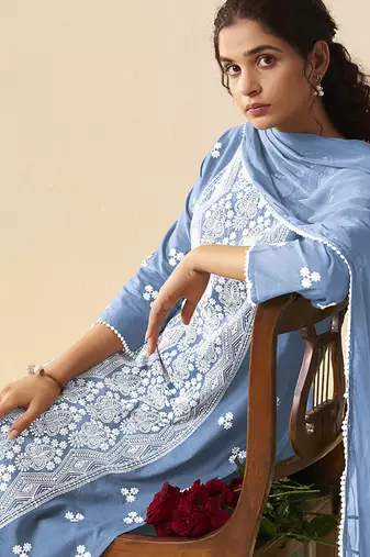 Sky blue embroidered vichitra silk straight