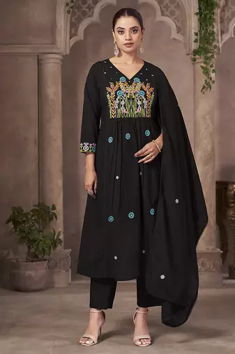 Black embroidery pure cotton straight