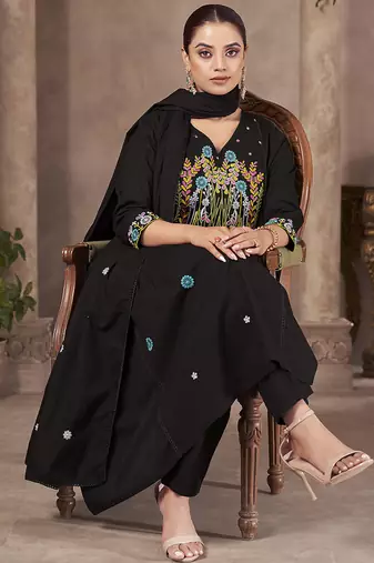 Black embroidery pure cotton straight