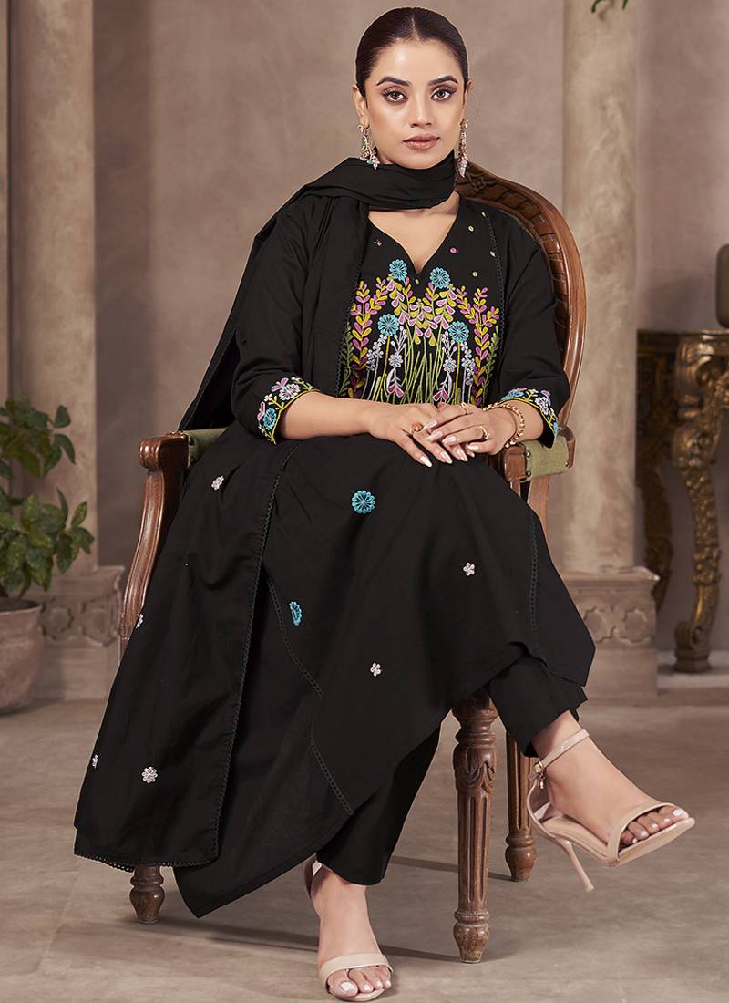 Black embroidery pure cotton straight