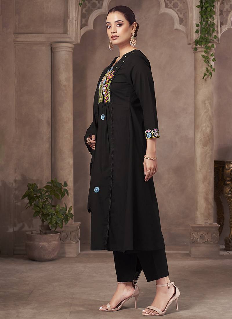 Black embroidery pure cotton straight