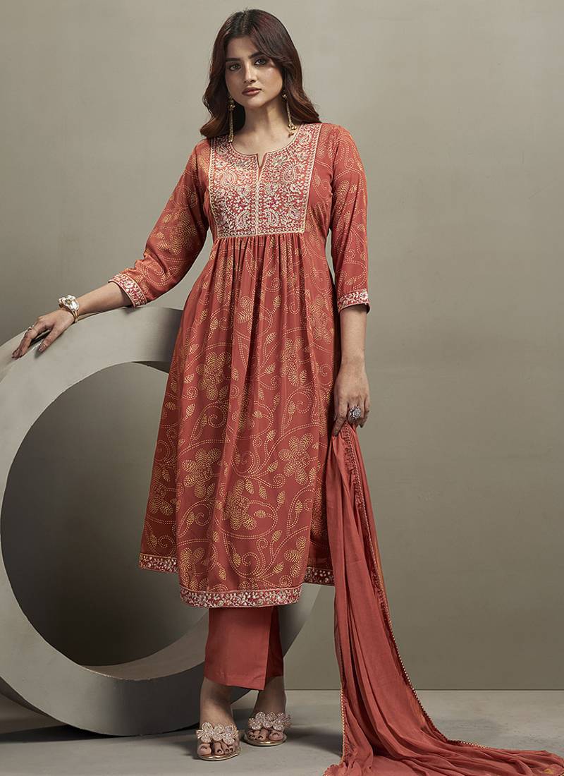 Orange embroidered georgette anarkali
