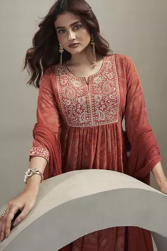 Orange embroidered georgette anarkali