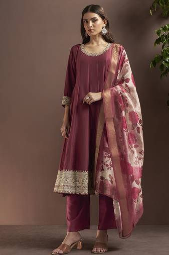 Wine embroidered chinnon anarkali